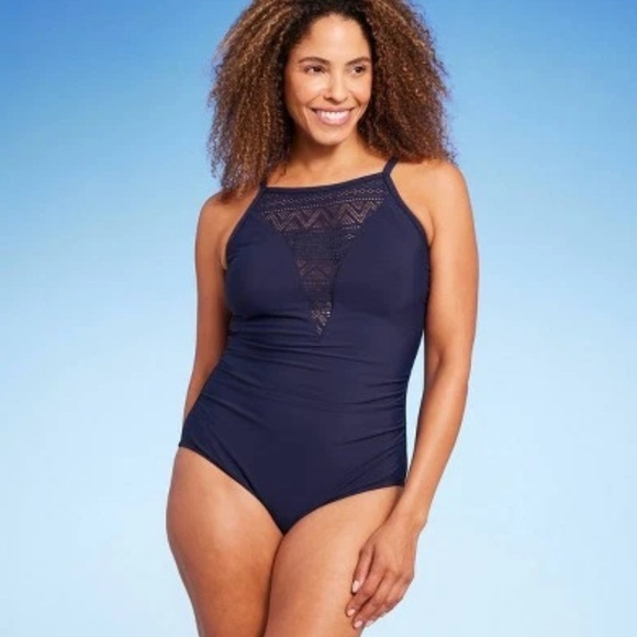 NWT Women's UPF 50 Crochet High Neck One Piece Swimsuit - Picture 1 of 5